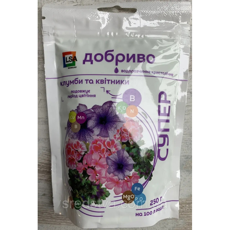 Супер Добриво 250г/100л Клумби та квітники, водорозчинне кристалічне, продовжує цвітіння, Сімейний Сад Супер Добриво 250г/100л Клумби та квітники, водорозчинне кристалічне, продовжує цвітіння, Сімейний Сад